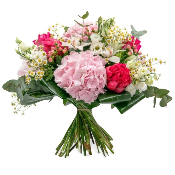 Πλούσιο μπουκέτο με λουλούδια εποχής σε ροζ αποχρώσεις